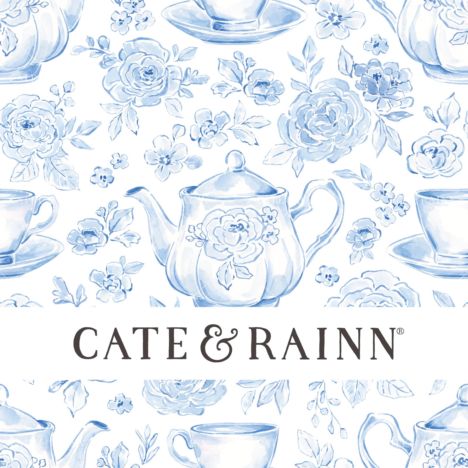 Decorative pattern for portfolio featuring blue coquette floral tea set with Cate and Rainn branding.