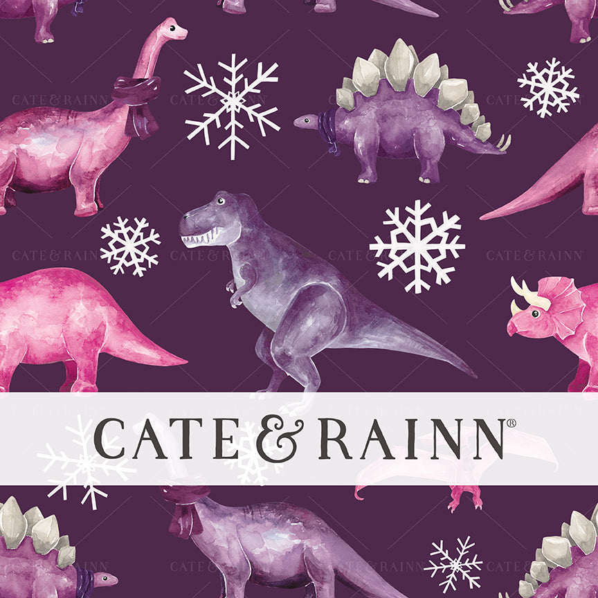 Pattern of pink and purple dinosaurs and snowflakes with 'Cate &amp; Rainn' branding on a purple background.