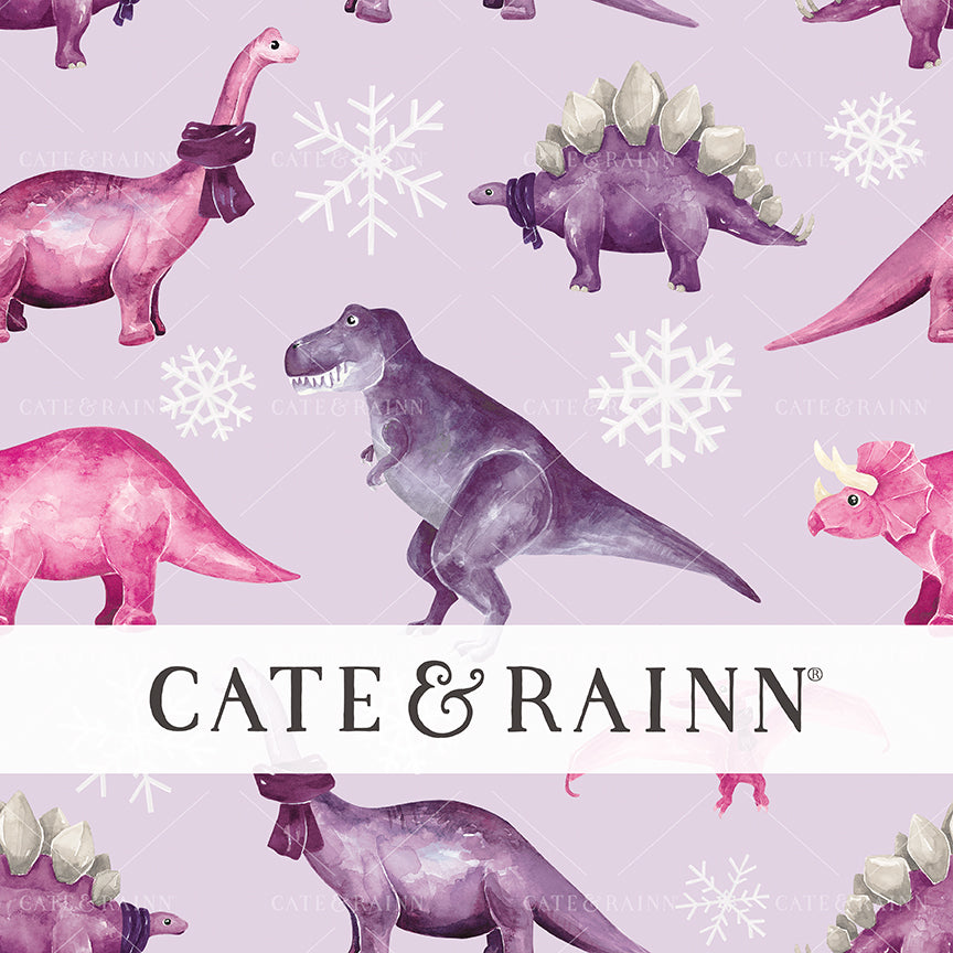 Pattern of pink and purple dinosaurs and snowflakes with 'Cate &amp; Rainn' branding on a purple background.