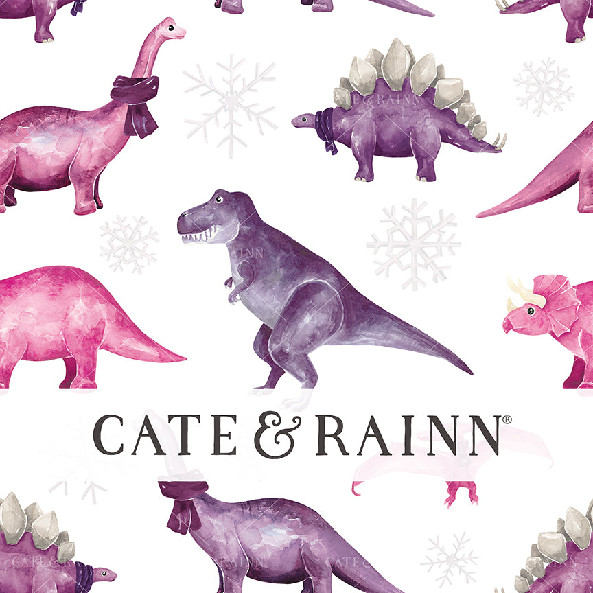 Pattern of pink and purple dinosaurs and snowflakes with 'Cate &amp; Rainn' branding on a white background.
