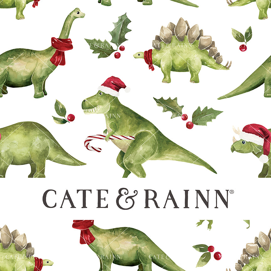 Pattern of green dinosaurs with red scarves, Santa hats and holly leaves on a white background, featuring the brand 'Cate &amp; Rainn'.