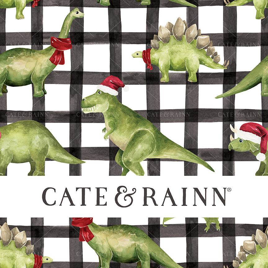 Pattern of green dinosaurs with red scarves, Santa hats and holly leaves on a black and white watercolor plaid background, featuring the brand 'Cate &amp; Rainn'.