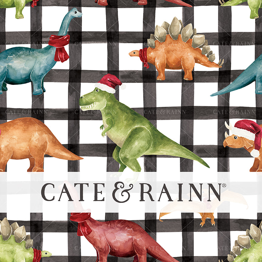 Pattern of colorful dinosaurs with red scarves, Santa hats and holly leaves on a black and white watercolor plaid background, featuring the brand 'Cate &amp; Rainn'.