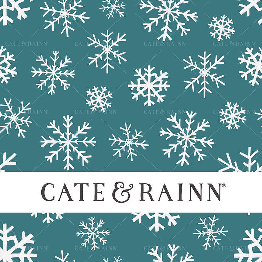 Pattern of white snowflakes on a teal blue background with 'Cate &amp; Rainn' branding.