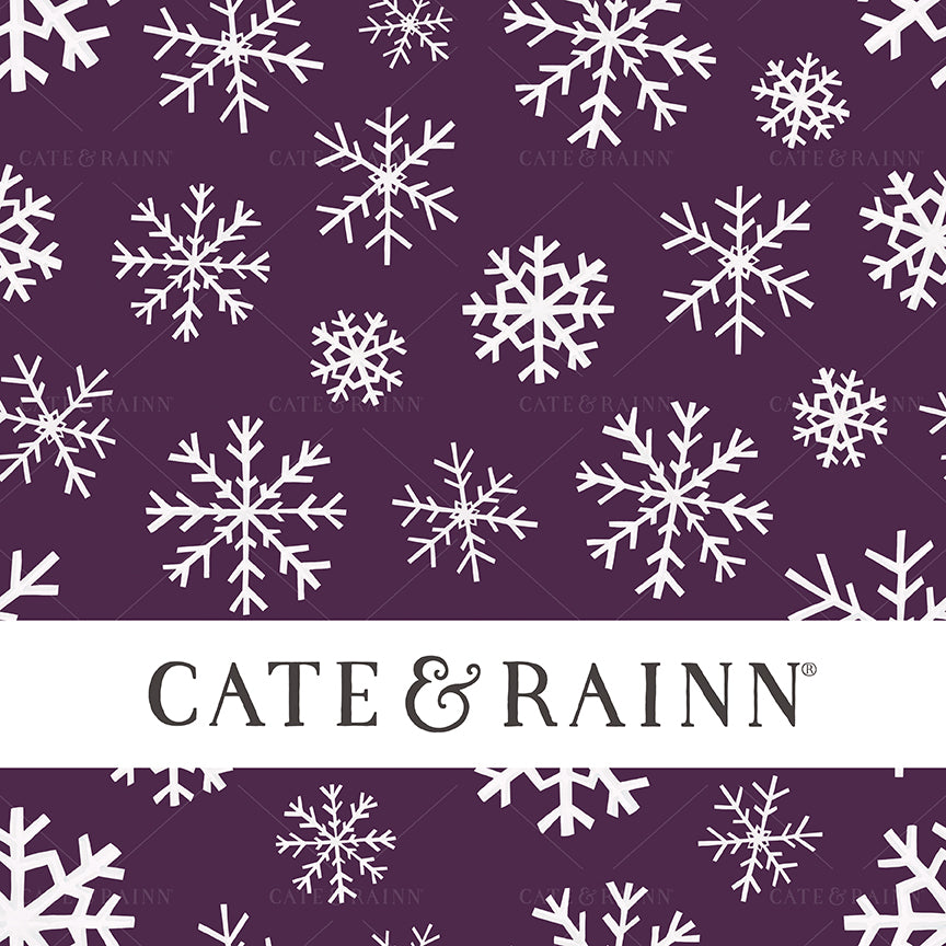 Pattern of white snowflakes on a dark purple background with 'Cate &amp; Rainn' branding.