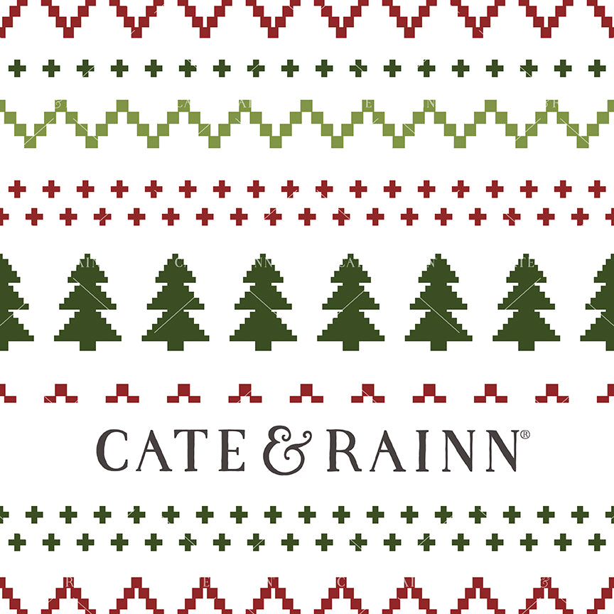 A faux green and red stitched Fair Isle sweater pattern design on a white background with Cate and Rainn branding.