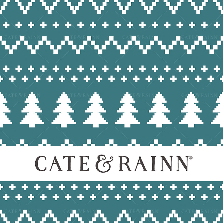 A faux stitched Fair Isle sweater pattern design in white on a teal blue background with Cate and Rainn branding.