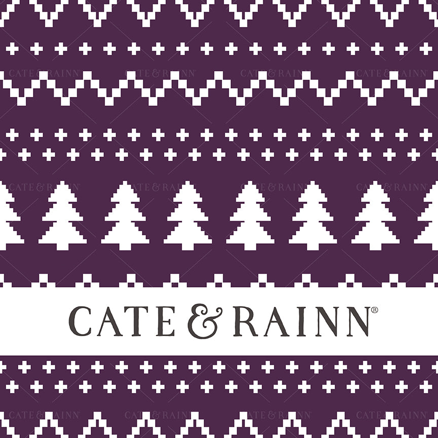 A faux stitched Fair Isle sweater pattern design in white on a dark purple background with Cate and Rainn branding.