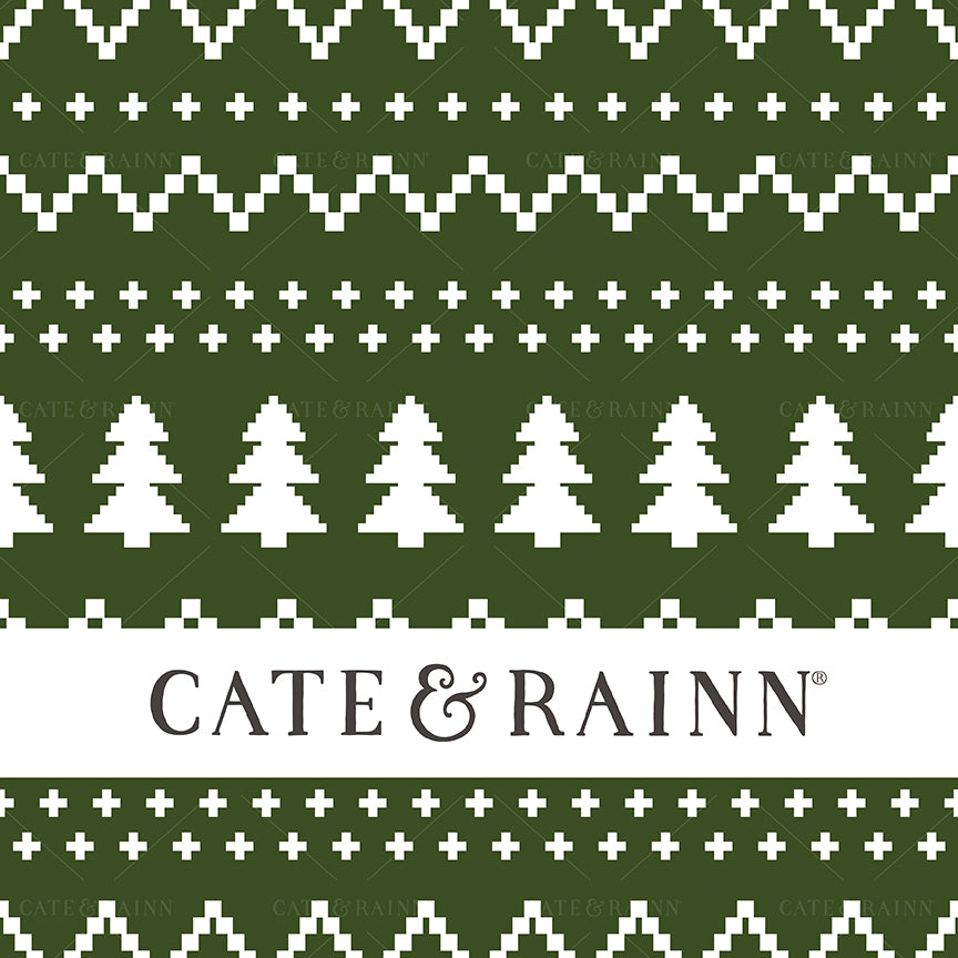 A faux stitched Fair Isle sweater pattern design in white on a green background with Cate and Rainn branding.