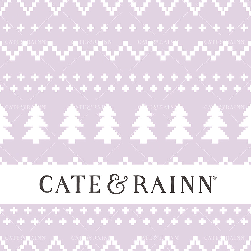 A faux stitched Fair Isle sweater pattern design in white on a light purple background with Cate and Rainn branding.