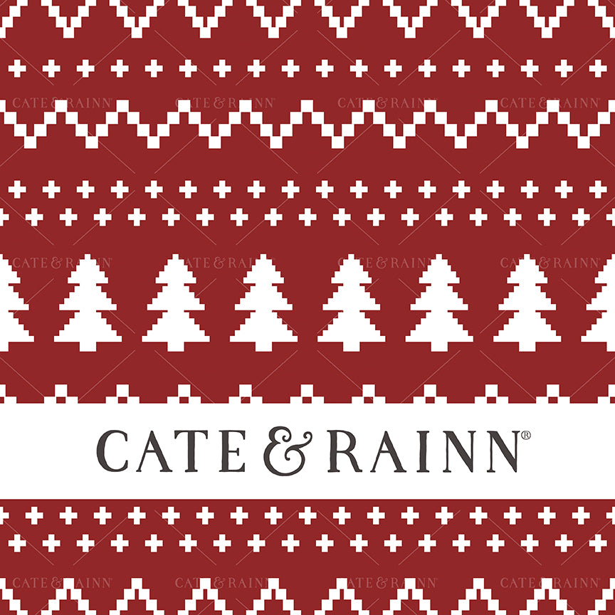 A Christmas Fair Isle Stitched Pattern in White and Red with Cate &amp; Rainn branding.