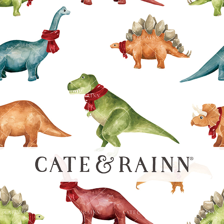 Pattern of colorful dinosaurs with red scarves on a white background, featuring the brand 'Cate &amp; Rainn'.