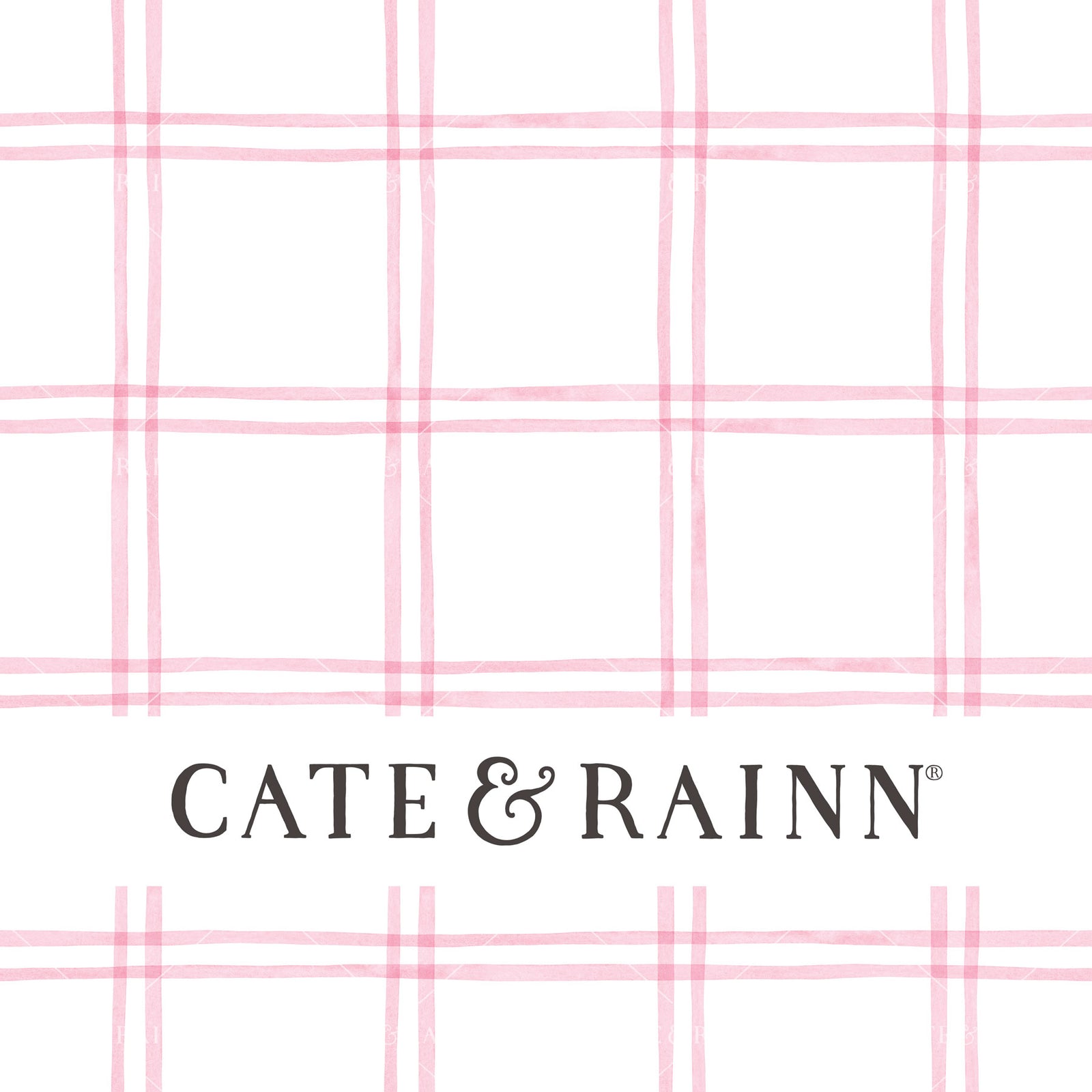 Decorative pattern for portfolio featuring a pink and white watercolor plaid design with Cate and Rainn branding.