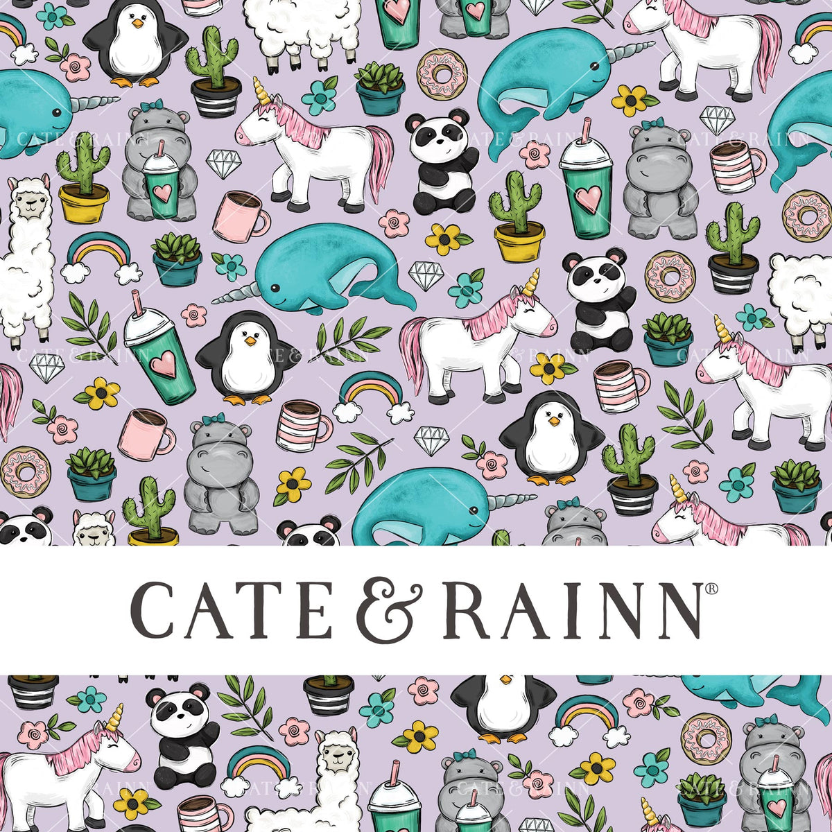 Patterned design with cartoon animals and fun accessories like plants, donuts and coffee on a purple background, featuring the brand 'Cate &amp; Rainn'.