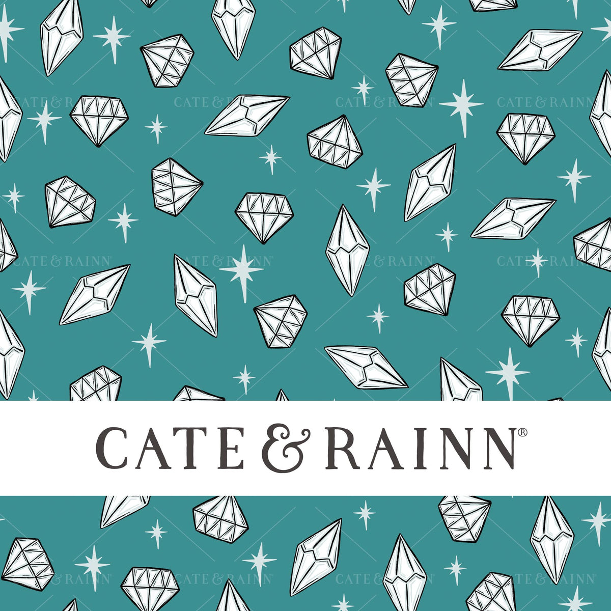 A playful diamond pattern featuring sparkling gems and twinkling stars on a teal background with Cate &amp; Rainn branding.