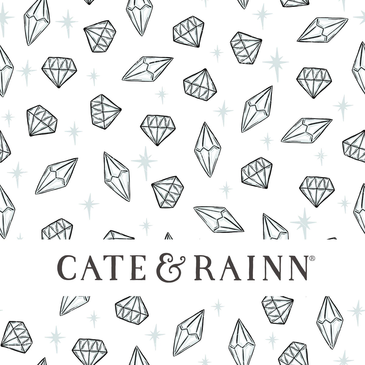 A playful diamond pattern featuring sparkling gems and twinkling stars on a white background with Cate &amp; Rainn branding.