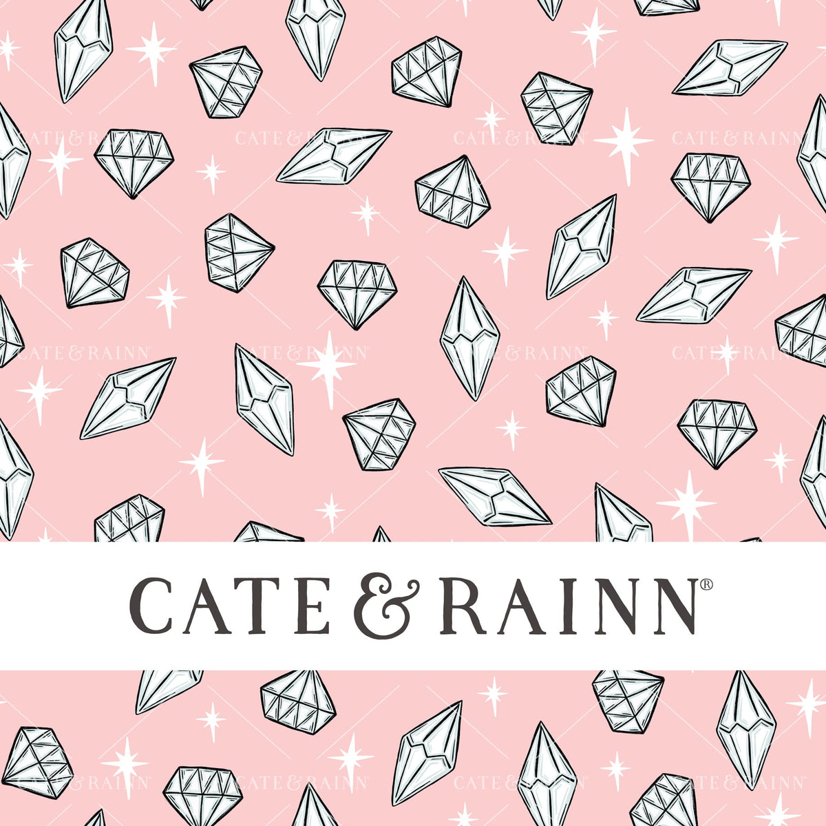 A whimsical diamond pattern featuring sparkling gems and twinkling stars on a soft pink background with Cate &amp; Rainn Branding.