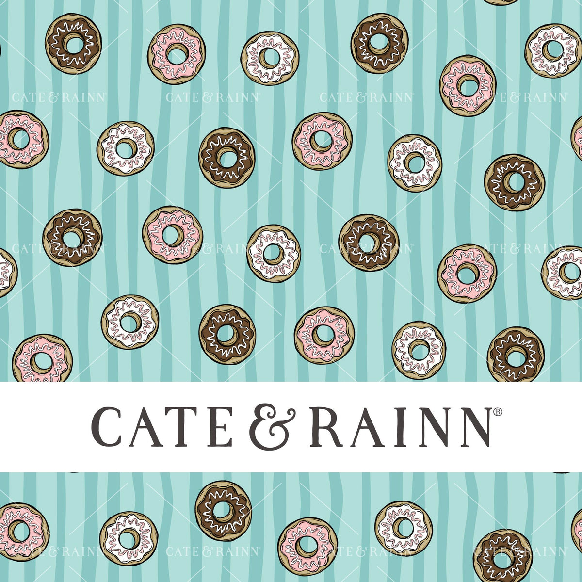 Cute frosted donut pattern featuring strawberry, vanilla and chocolate iced donuts on a striped blue background with Cate &amp; Rainn branding.