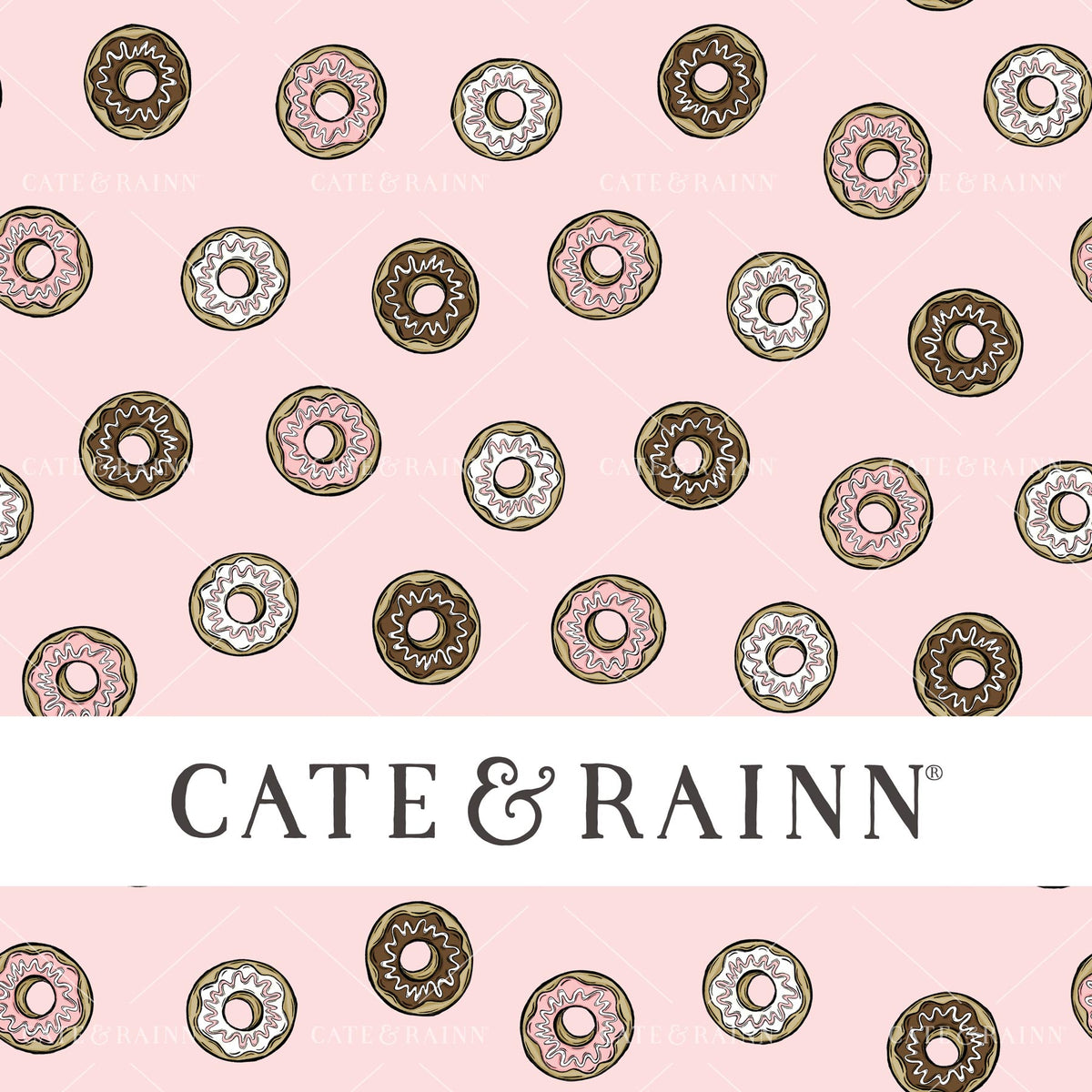 Pattern of donuts on a pink background with 'Cate &amp; Rainn' branding.
