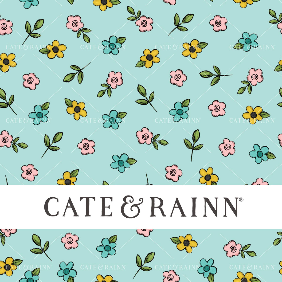 Floral pattern with 'Cate &amp; Rainn' branding on a blue background
