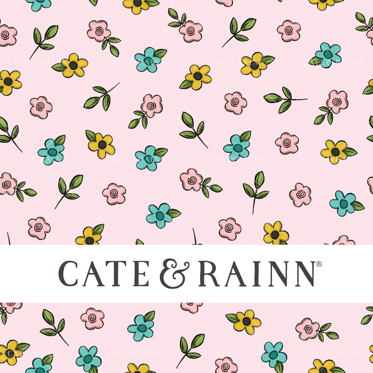 A little doodled flower pattern with 'Cate &amp; Rainn' branding on a pink background