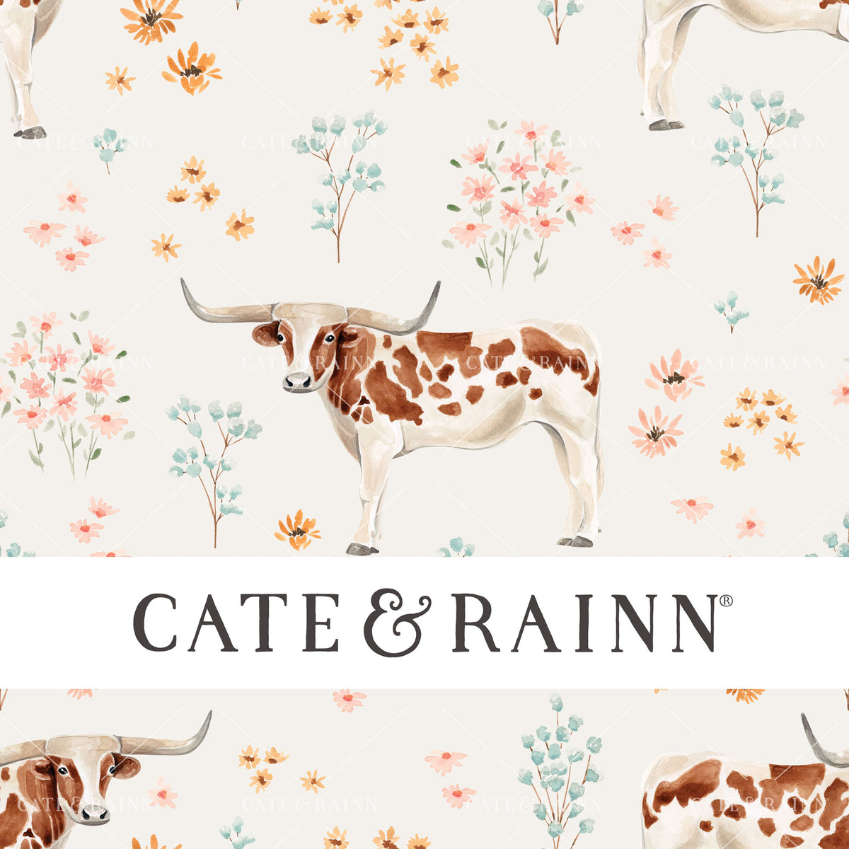 Watercolor Longhorn Cow and Desert Floral Seamless Pattern | Desert Shine Collection