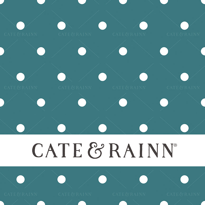 Teal blue background with white polka dots and 'Cate &amp; Rainn' logo at the bottom.