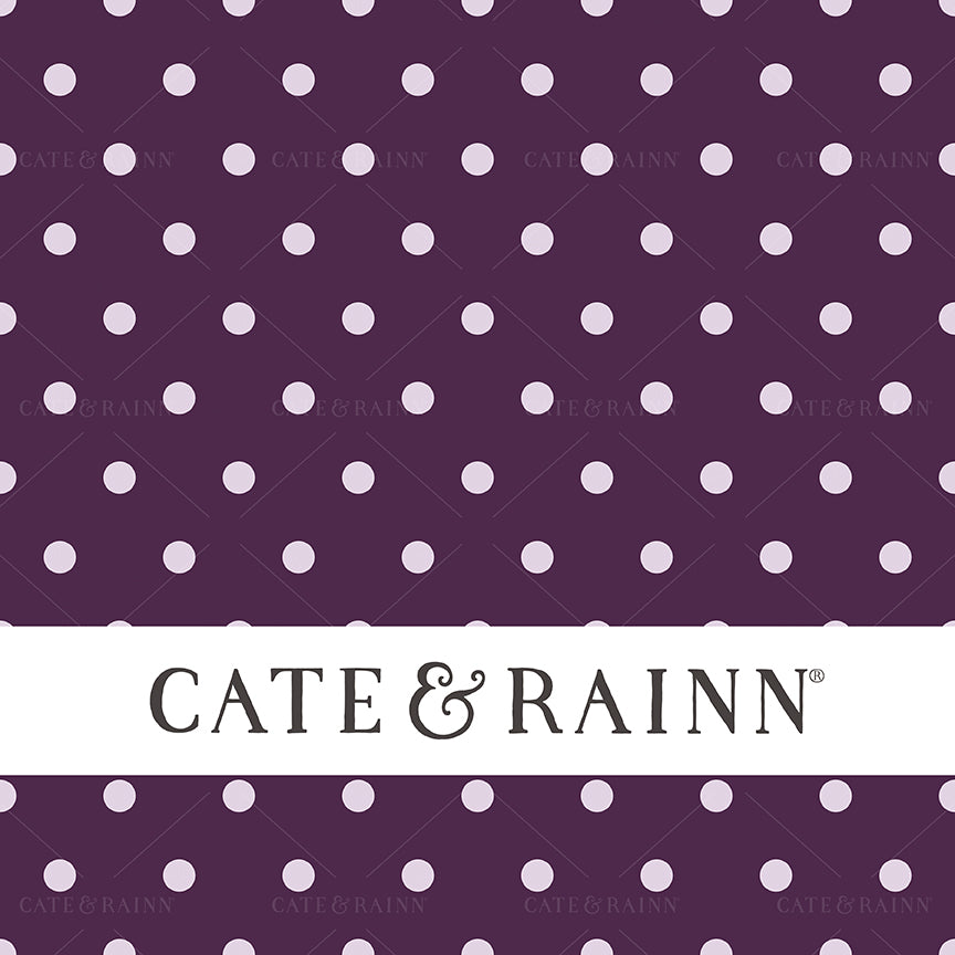 Dark purple with light purple polka dots seamless pattern design with Cate &amp; Rainn branding.