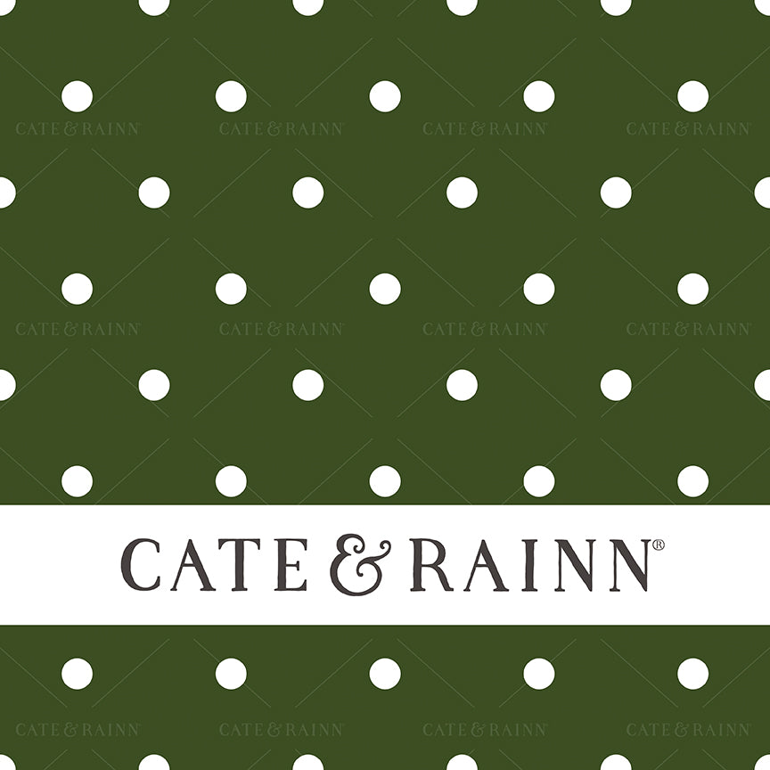 Green background with white polka dots and 'Cate &amp; Rainn' logo at the bottom.