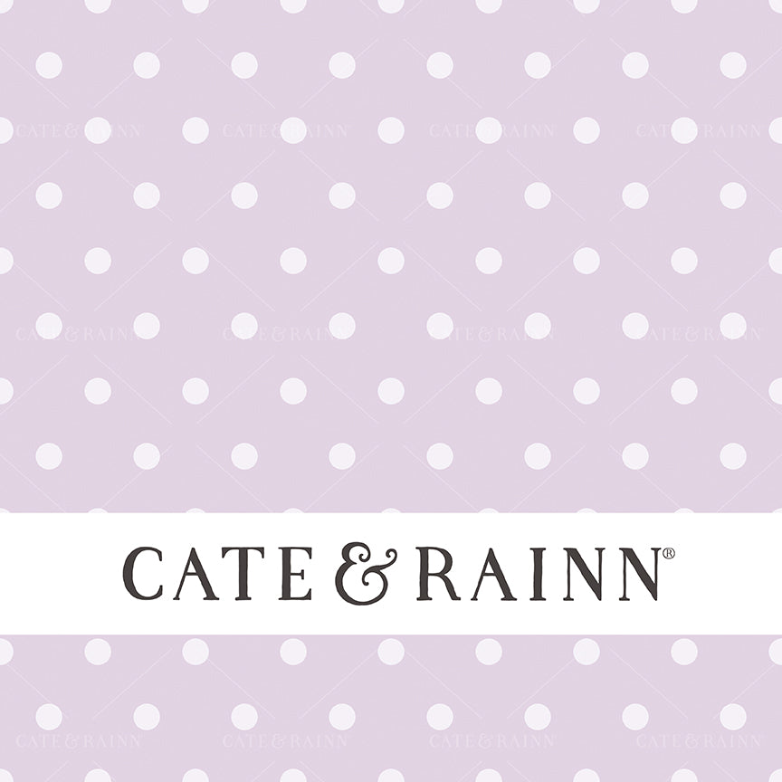 Cate &amp; Rainn logo on a lavender purple background with light purple polka dots