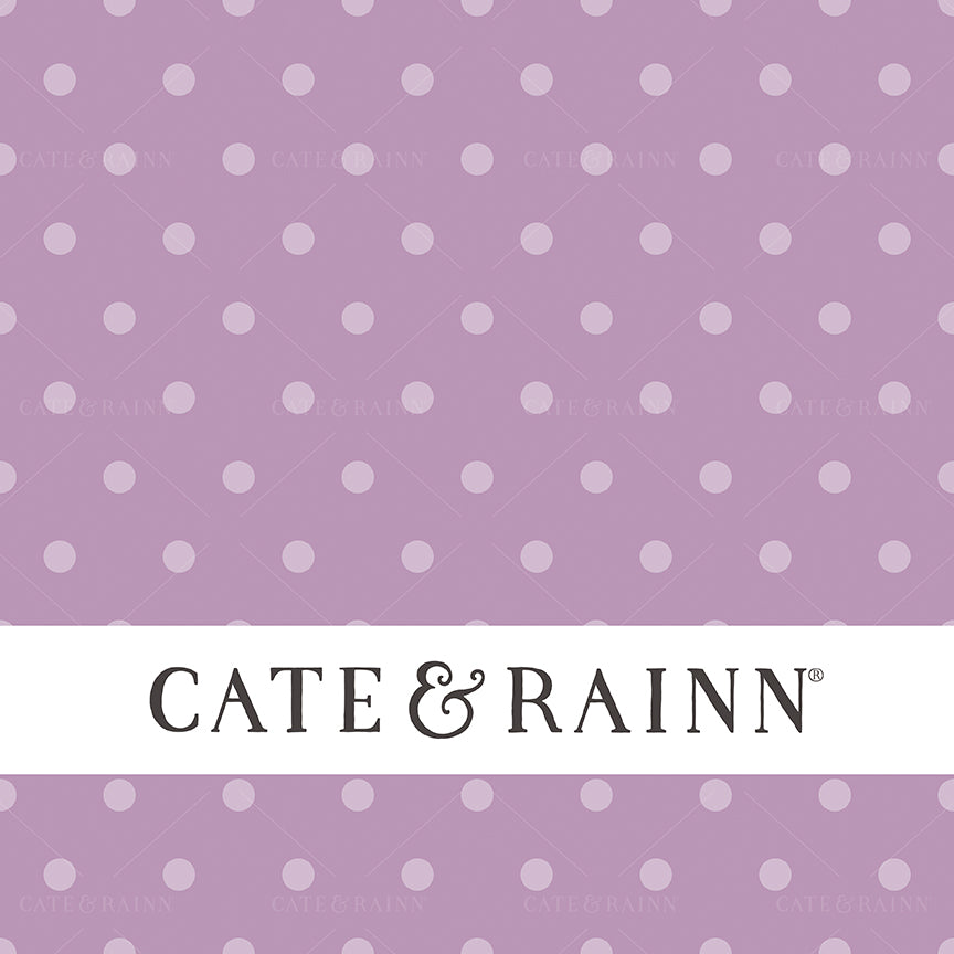 Tonal purple polka dots with Cate &amp; Rainn branding.