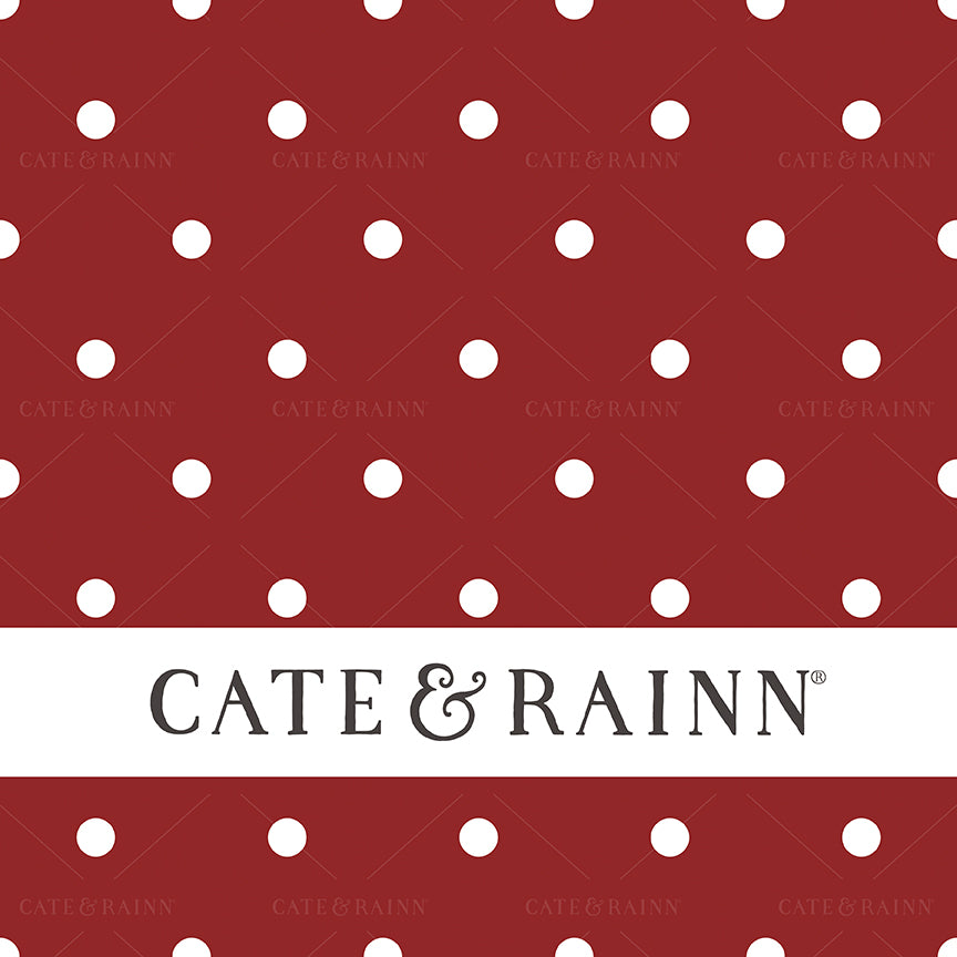 Red background with white polka dots pattern design with 'Cate &amp; Rainn' logo at the bottom.