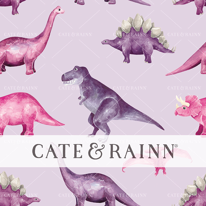Pattern of pink and purple dinosaurs with 'Cate &amp; Rainn' branding on a purple background.