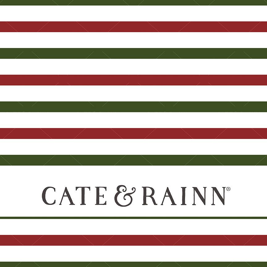 Cate &amp; Rainn logo with red, green, and white horizontal stripes.