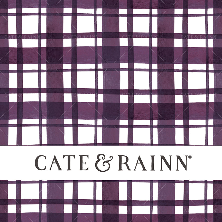 Dark purple watercolor plaid pattern with Cate &amp; Rainn branding.
