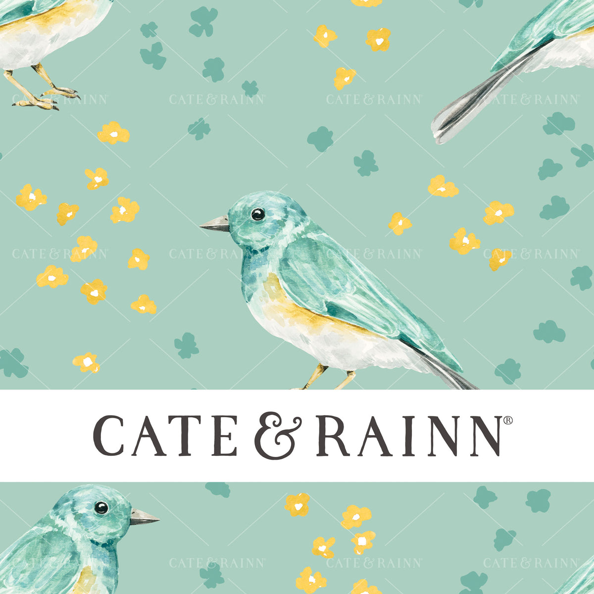 Watercolor Bird Floral on Aqua Blue Seamless Pattern | Eliza Collection