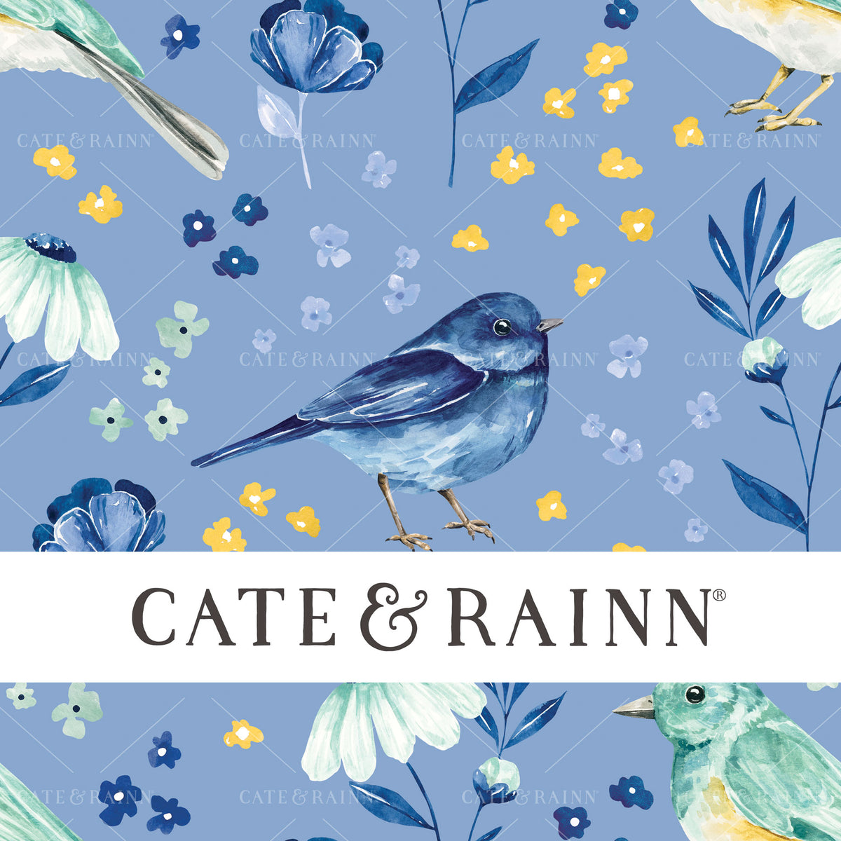 Blue Bird Floral on Periwinkle Blue Seamless Pattern | Eliza Collection