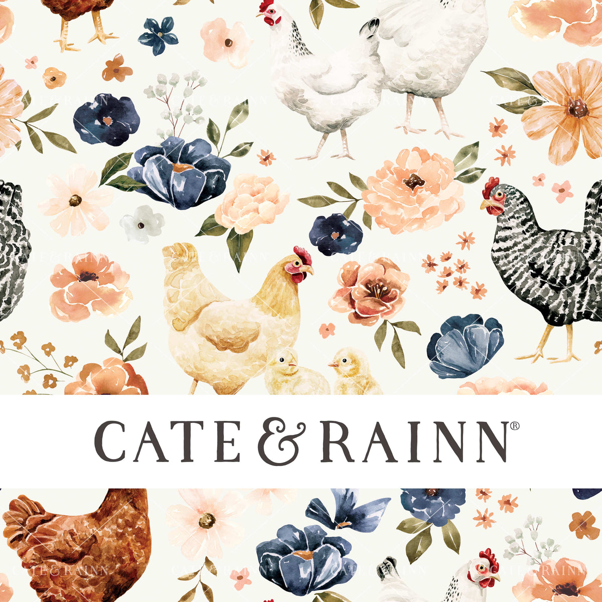 Chicken Floral on Cream Seamless Pattern | Farm and Meadow Collection