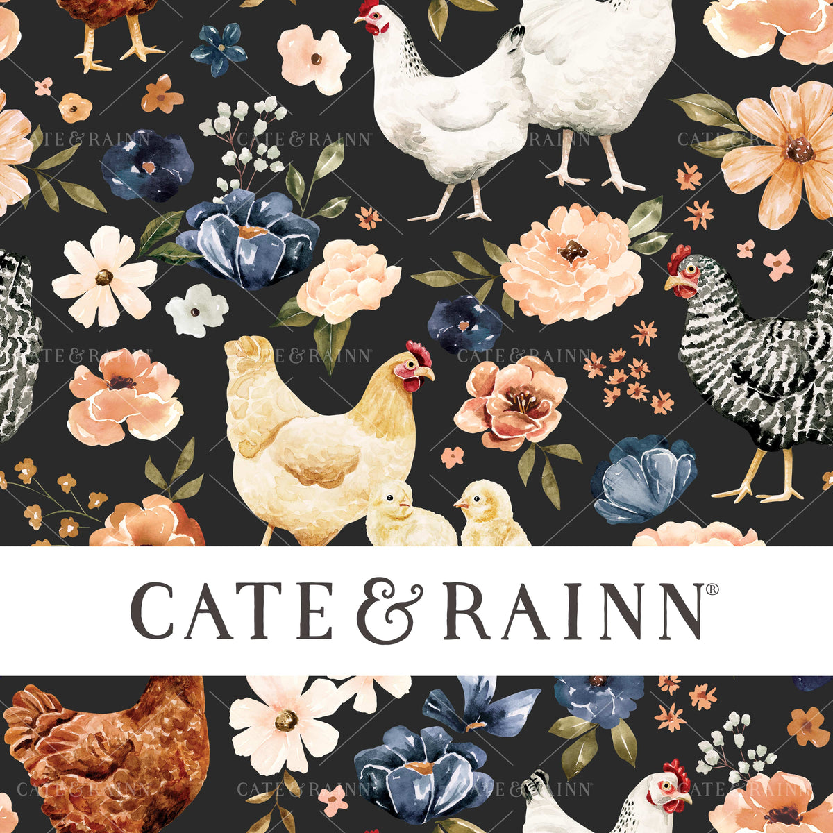 Chicken Floral on Black Seamless Pattern | Farm and Meadow Collection