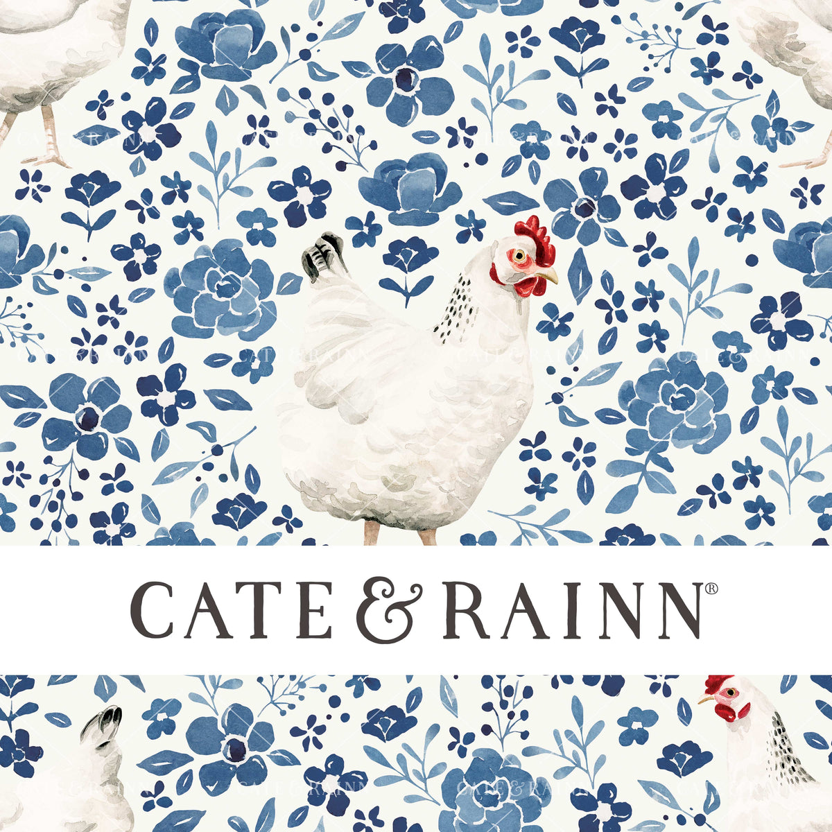 Blue Country Floral with Chickens Seamless Pattern | Farm and Meadow Collection