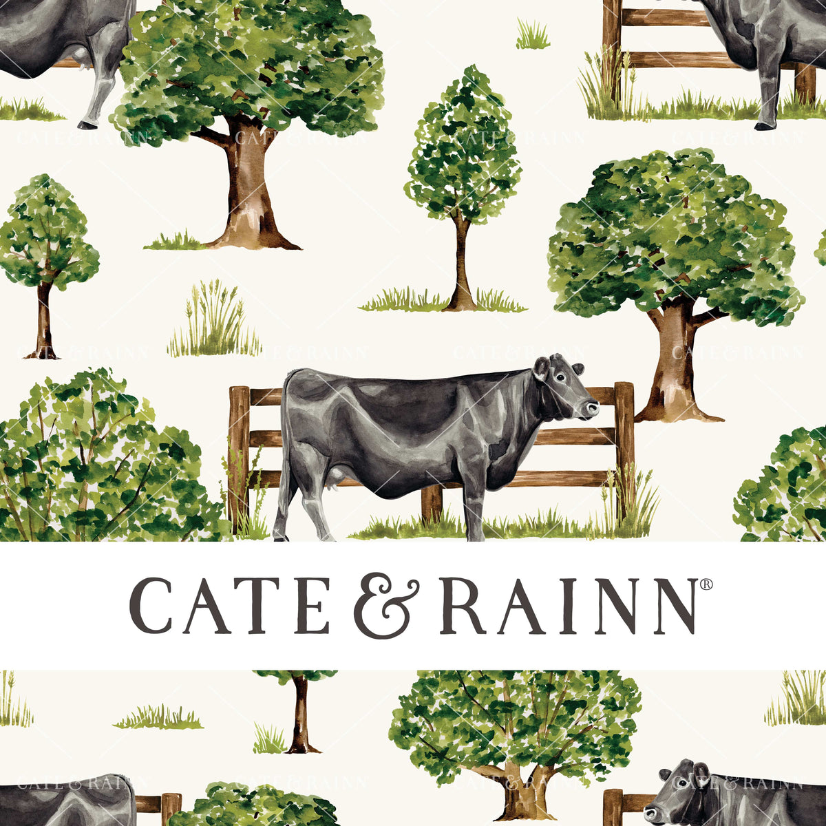 Watercolor Countryside Black Angus Cow Seamless Pattern | Farm and Meadow Collection