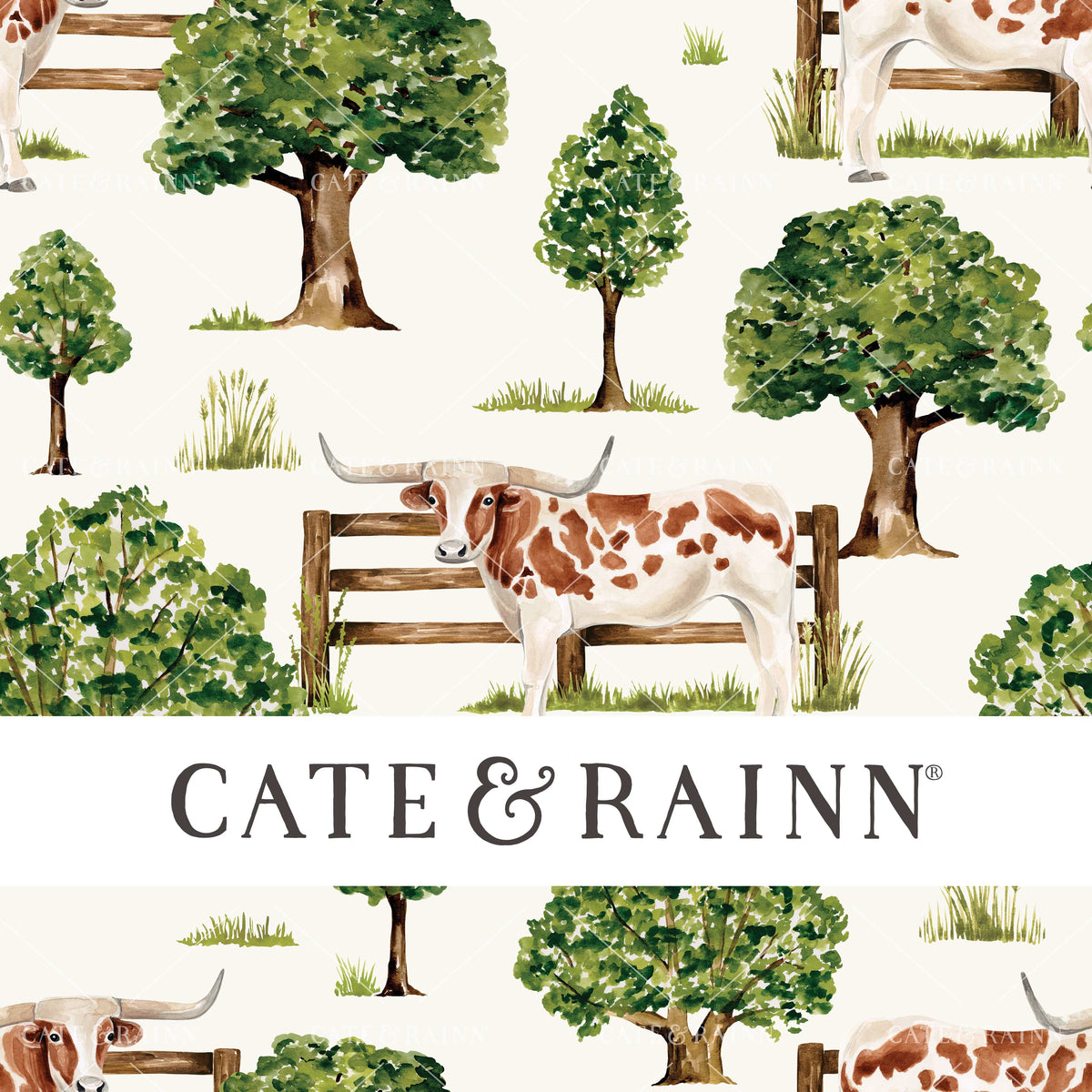 Watercolor Countryside Texas Longhorn Cow Seamless Pattern | Farm and Meadow Collection