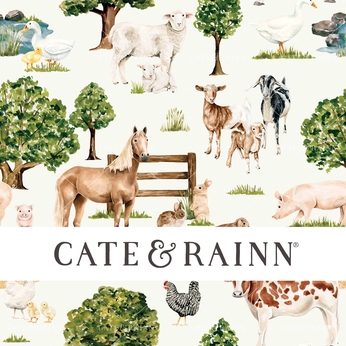 Farm Animals on Cream Seamless Pattern | Farm and Meadow Collection