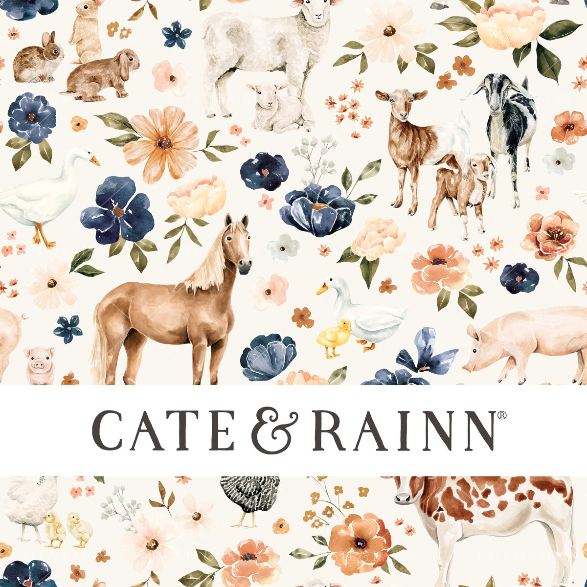 Farm Animal Floral on Cream Seamless Pattern | Farm and Meadow Collection