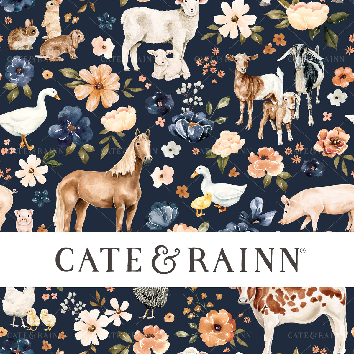 Farm Animal Floral on Navy Blue Seamless Pattern | Farm and Meadow Collection
