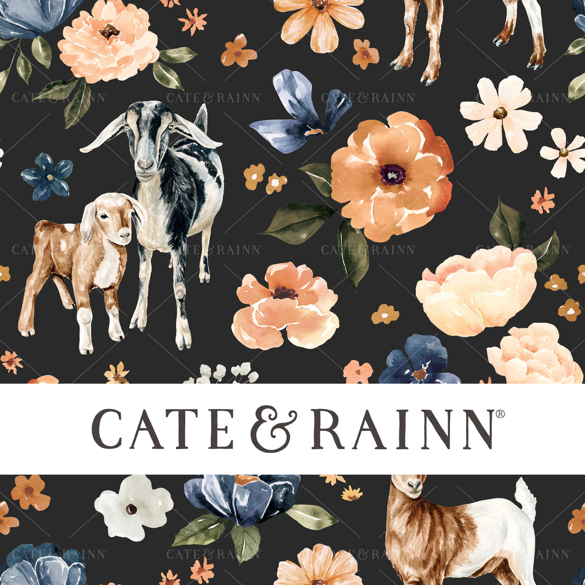Watercolor Goats and Flowers on Black Seamless Pattern | Farm and Meadow Collection
