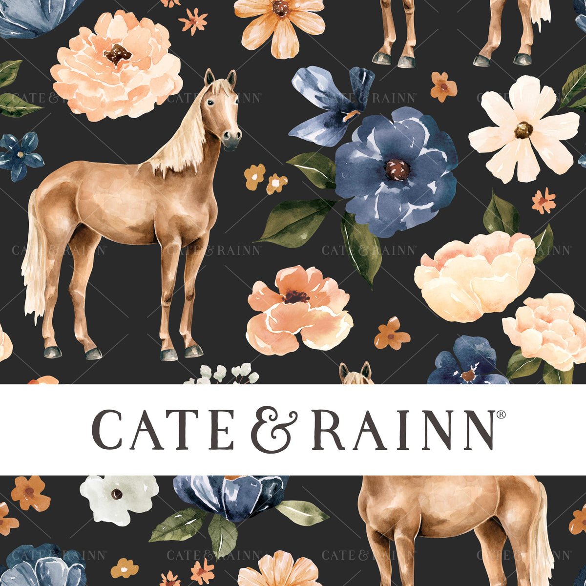 Watercolor Horse and Flowers on Black Seamless Pattern | Farm and Meadow Collection