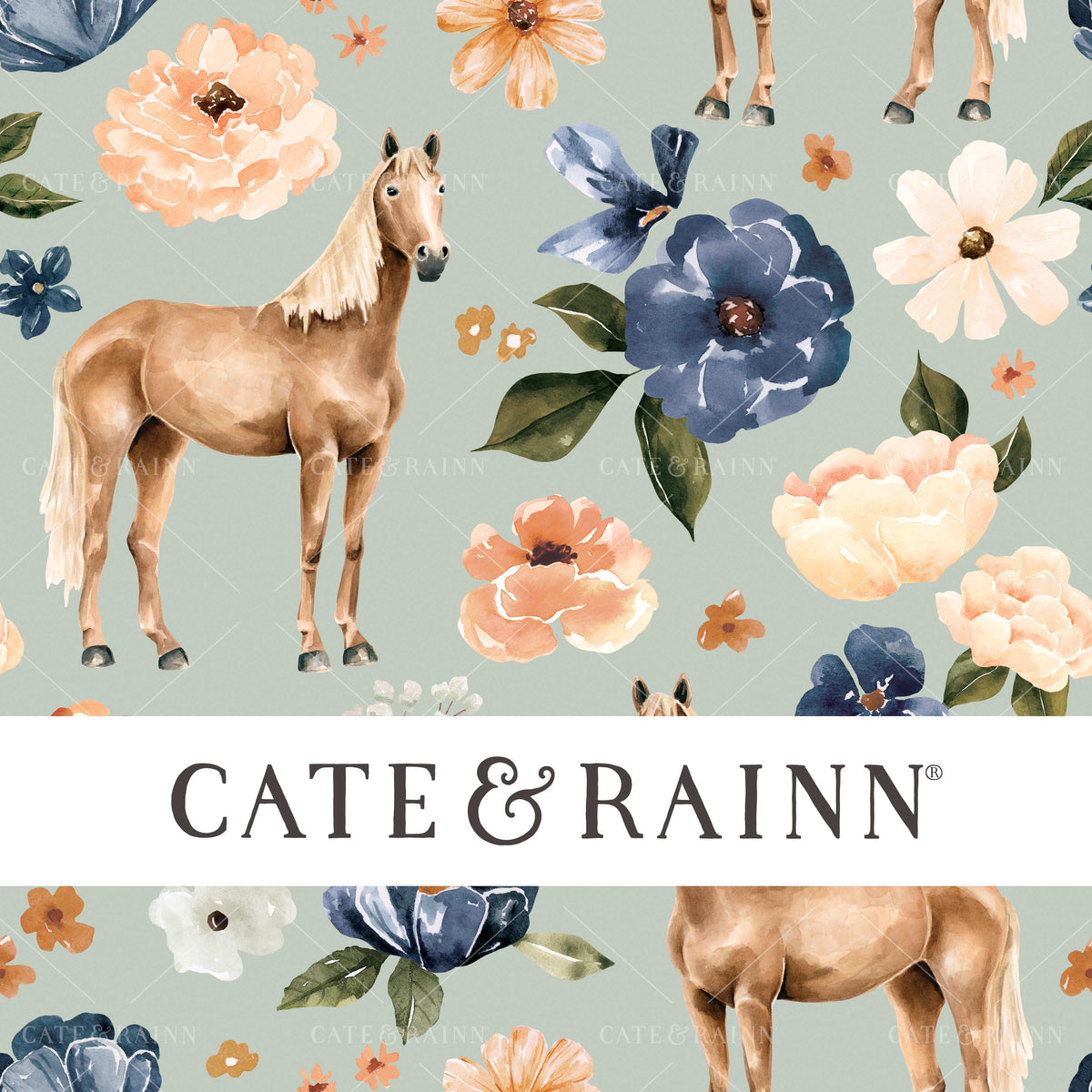 Watercolor Horse and Flowers on Blue Seamless Pattern | Farm and Meadow Collection