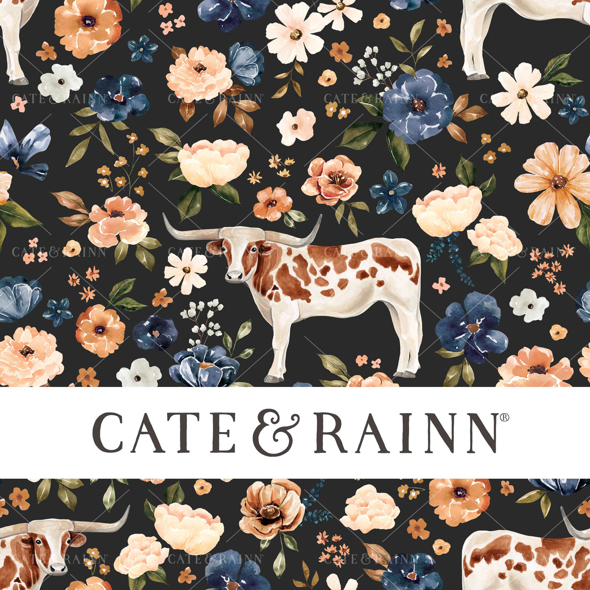 Texas Longhorn Cow Floral on Black Seamless Pattern | Farm and Meadow Collection