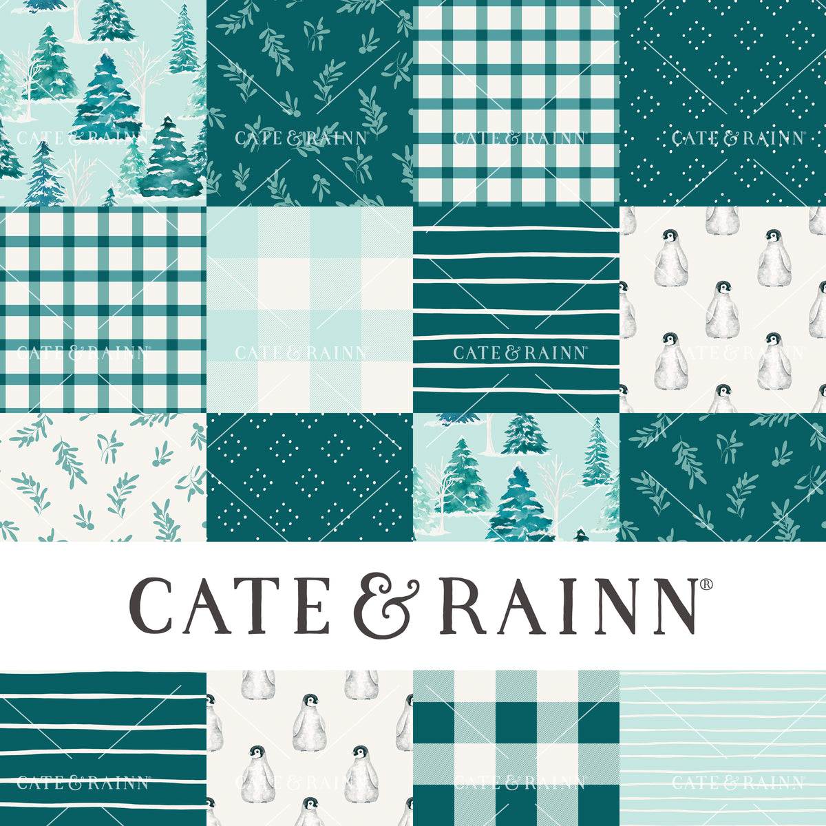 Winter Woodland Forest Patchwork Quilt Seamless Pattern Design by Cate and Rainn® ©2023